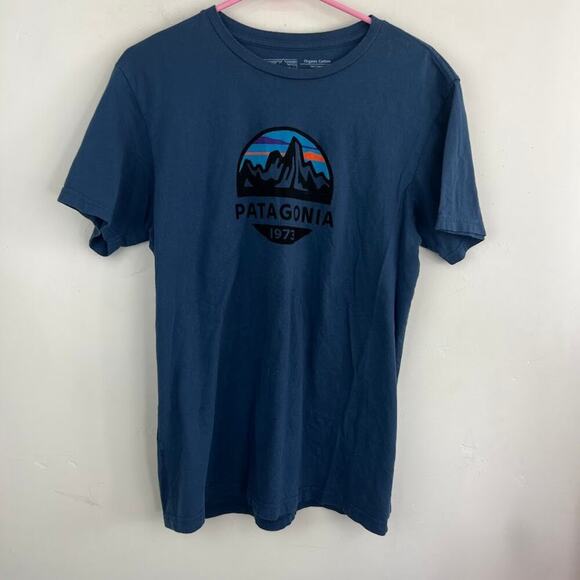 PATAGONIA FITZ ROY SCOPE ORGANIC T-SHIRT NAVY size medium slim fit - Picture 2 of 5